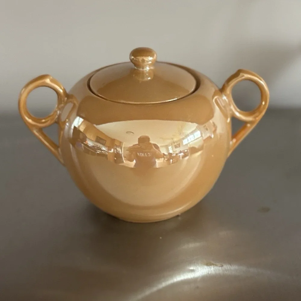 Vintage Orange Yellow Gold Luster ware Iridescent Teapot And Sugar Made In Japan